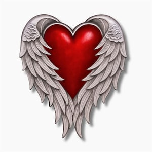 Könnte beinhalten: Ein rotes Herz mit weißen Flügeln, ein Symbol für Liebe und Freiheit. Das Herz hat eine tiefe rote Farbe, und die Flügel sind mit einzelnen Federn detailliert. Das Bild ist vor einem weißen Hintergrund.