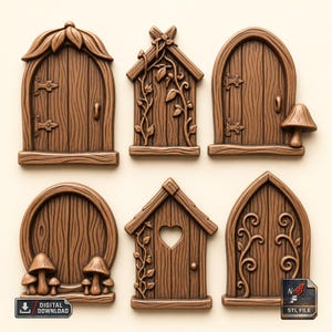 Fairy Door Set of 6 – Whimsical Woodland Cottage Doors STL File For CNC 3D Printer – Enchanted Garden Miniature Wall Decor Fairy House Fun