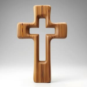May include: A wooden cross with a unique, modern design. The cross is made of light brown wood with visible grain, and features a cutout in the center. The edges are rounded, giving it a smooth, contemporary look. The cross stands upright against a neutral background.