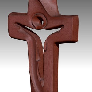 May include: A digitally rendered, reddish-brown cross with a unique, abstract design. The cross features curved lines and a central circular element, creating a modern, artistic interpretation of a religious symbol. The surface has a mesh-like texture.