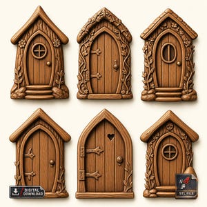 Juego de 6 puertas de hadas: puertas de cabañas de bosque con un toque caprichoso, archivo STL para impresora 3D CNC. Decoración de pared en miniatura para jardín encantado. Diversión en casas de hadas.