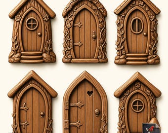 Fairy Door Set of 6 – Whimsical Woodland Cottage Doors STL File For CNC 3D Printer – Enchanted Garden Miniature Wall Decor Fairy House Fun