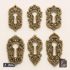 Conjunto de 6 arquivos digitais para download de apliques florais barrocos vintage em formato de fechadura, estilo barroco, para reparo e restauração. Arquivos STL para instalação e download.