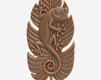 Archivo STL de hoja tropical de geco para enrutador CNC, escultura 3D de arte de pared, diseño de relieve de lagarto, cola enroscada, figura de animal exótico de la selva, decoración del hogar