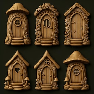 Op de afbeelding: Zes houten sprookjesdeurontwerpen in verschillende vormen, waaronder paddenstoel- en cottage-stijlen. Elke deur heeft ingewikkelde details zoals trappen, ramen en decoratieve elementen. De deuren zijn een warme bruine kleur, perfect voor een grillige inrichting.