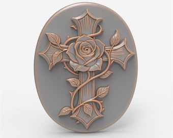 STL File 3D Model Floral Gothic Cross Oval base Design Rose Cross Medallion Wall Plaque Relief for CNC Laser Engraving Router Carving