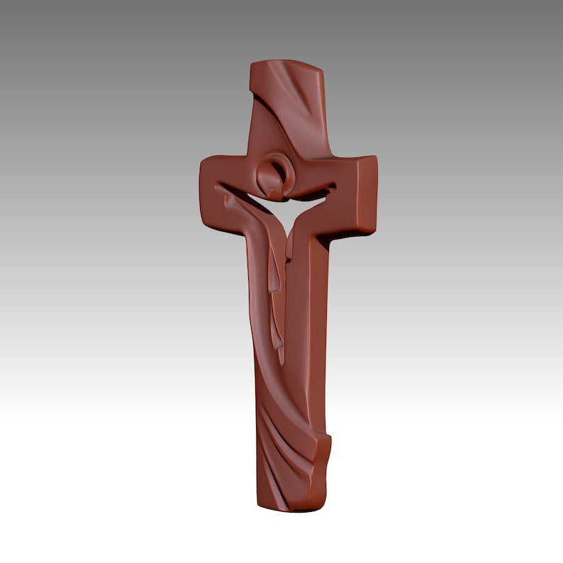 May include: A brown, stylized cross with a circular design at the intersection of the arms. The cross features flowing, draped elements and a smooth, matte finish. The design is a three-dimensional rendering.