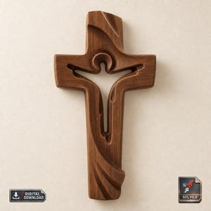 Polished wood cross with stylized Jesus figure relief, 3D printable STL file for CNC wood carving.