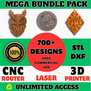 May include: Image shows a selection of 3D designs, including an owl, a horse, and a sun face. Text includes "MEGA BUNDLE PACK", "700+ DESIGNS", "FREE COMMERCIAL USE", and "UNLIMITED ACCESS". Designs are for CNC routers, laser cutters, and 3D printers.