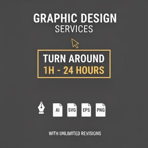 Peut inclure: Publicité pour des services de conception graphique sur fond gris foncé. Le texte comprend "Graphic Design Services", "Turn Around 1H - 24 Hours", et des icônes de type de fichier pour AI, SVG, EPS et PNG. Le texte "With Unlimited Revisions" est également inclus.