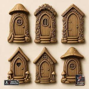 Set di 6 porte delle fate – File STL per porte di cottage nel bosco stravaganti per stampante 3D CNC – Decorazione da parete in miniatura per giardino incantato, divertimento nella casa delle fate