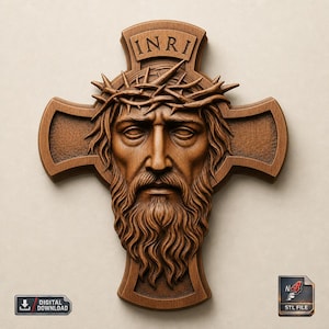 Plik STL z krzyżem Jezusa do drukarki 3D CNC do rzeźbienia w drewnie - Chrześcijański krucyfiks, relief ścienny, model 3D, dekoracja wiary, rzeźba religijna