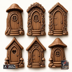 Fairy Door Set of 6 – Whimsical Woodland Cottage Doors STL File For CNC 3D Printer – Enchanted Garden Miniature Wall Decor Fairy House Fun
