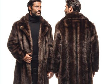 Men’s  Real Mink Fur Coat, Dark Brown Full Pelt Winter Overcoat