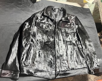 Handmade Black Cowhide LeatherJacket Hair-On-Hide Western Cowboy Rustic Trucker Vintage Rodeo Coat Pioneer Style