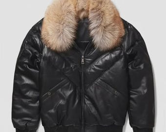 Men’s Distressed Leather A2 Bomber Jacket with Fur Collar