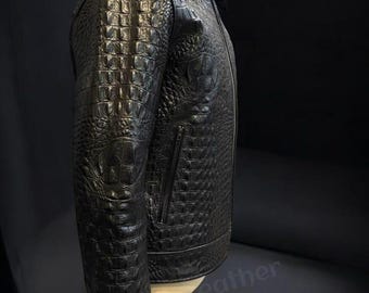 Crocodile Print Black Jacket Real Luxury Biker Jacket Alligator Embossed