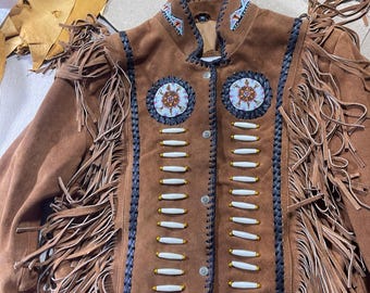 Echo Tan Suede Beaded Tassel Jacket, Women's Large, Boho Western