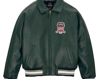 Handmade Men's Avirex Leather Bomber Jacket, Dark Green Flight Jacket