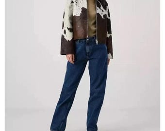 Women’s Genuine Cowhide Leather Jacket Natural Hair-On Cow Skin Coat Luxury Real Fashion Outerwear