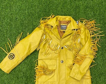 Yellow Suede Fringe Jacket Mens Western Cowboy Coat Beaded Native American Style  Festival Outfit