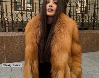 handmade women real red fox fur long coat luxury winter outwear jacket