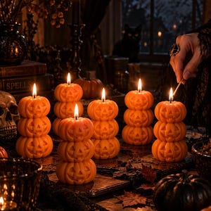 May include: A collection of orange jack-o'-lantern candles, each formed by stacking three carved pumpkin shapes vertically. Several of these wax figures are lit, casting a warm glow on the dark surface. The candles feature carved faces.