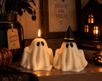 Ghost Candle with Witch Hat, Halloween Decor, Handmade Soy Wax Candle, Ghost candle, Halloween candle