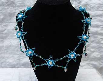 Russian Flowers Wreath Necklace in Bluegreen, Turquoise Blue, and Silver