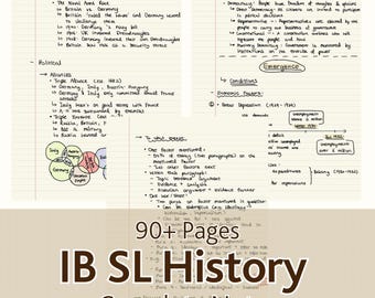 Puede incluir: Una página de cuaderno con notas manuscritas sobre temas de historia, incluyendo alianzas políticas y la carrera armamentística naval. El texto "IB SL History Complete Notes" se muestra en la parte inferior.
