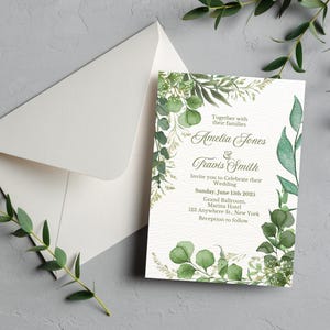 Green Floral Wedding Invitation Template, Editable Wedding Invite, Botanical Wedding Invitation, Printable Wedding Set
