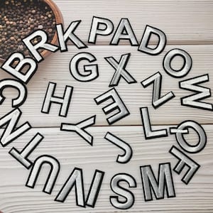 May include: A collection of silver embroidered alphabet letters with black borders, arranged on a light wood-grain surface. The letters are in various fonts and sizes. A wooden bowl of peppercorns is in the background.