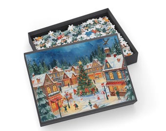 Vintage Christmas Village Puzzle 500-1000 Pieces | Holiday Snowy Town Jigsaw