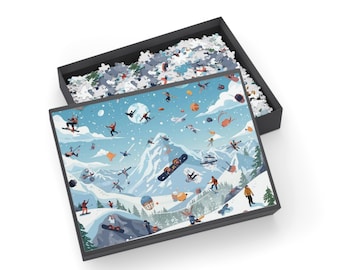 Winter Ski Resort Scene Puzzle 500-1000 Pieces | Mountain Snowboarding Jigsaw