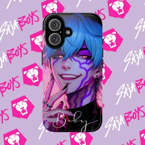 May include: Black phone case featuring a vibrant anime-style illustration of a character with blue hair, purple markings, and glowing red eyes. The word "Baby" is written in cursive. The background is a light purple with the words "SAJA BOYS" and a lion logo.