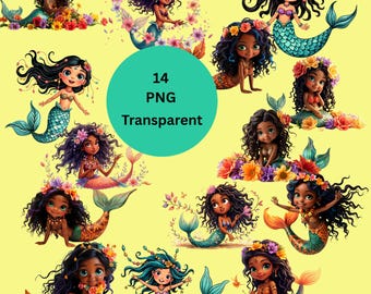 Schwarze Meerjungfrau Clipart Bundle: Aquarell afroamerikanische Kunst (Digitaler Download PNG)