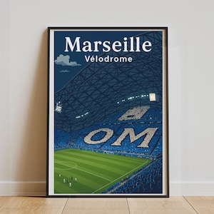 Marseille Poster – Stade Vélodrome | Illustrated OM Poster, Football Wall Decoration, Vintage Supporter Style, Olympique de Marseille
