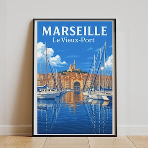Marseille Poster – The Old Port | Vintage Illustrated Poster, Provence, Mediterranean Wall Decor, Travel Poster France