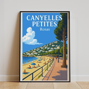 Póster Canyelles Petites – Póster mural ilustrado de la playa de Rosas (Roses), Costa Brava | Decoración mediterránea, estilo vintage