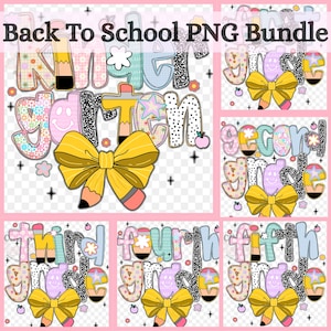May include: A digital graphic bundle titled Back To School PNG Bundle featuring colourful, patterned typography for Kindergarten through Fifth Grade. Each design includes a large yellow bow, pencil accents, stars, and small apple icons.