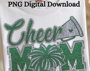 Cheer MOM PNG, Green Glitter Clipart, Sports Mamma Sublimation Design for Spirit Shirts & Gifts