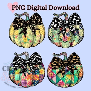 Könnte beinhalten: Vier digitale Bilder von Kürbissen mit dekorativen Schleifen. Jeder Kürbis hat ein anderes Muster, einschließlich Blumen-, Patchwork- und Tiermuster. Der Text "PNG Digital Download" steht oben.