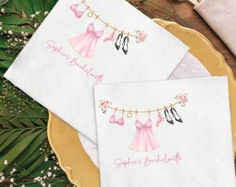 Lingerie Napkins, Personalized Bridal Shower Napkins, Lipstick & Lingerie Theme, Pink Floral Lingerie Shower, Custom Name Bachelorette Party