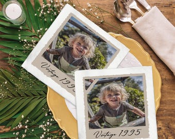 Vintage 1995 serviettes photo personnalisées, serviettes photo vintage et année, serviettes de joyeux anniversaire pour tous les âges, décoration de fête d'anniversaire