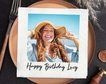 Personalized Photo Napkins with Text, Cocktail Napkins for Birthday Party Decor, Happy Birthday Napkins For All Ages, Beverage Napkins
