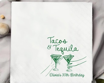 Personalized Tacos and Tequila Birthday Napkins, Mexican Fiesta Decor, Margarita, 30th, 40th, 50th bthday, Beverage Napkins