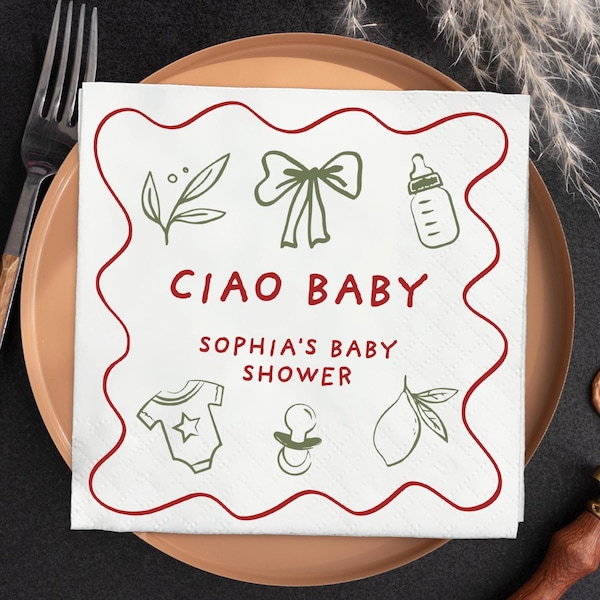 Ciao Baby Shower Napkins, Personalized Ciao Baby Lemon Napkins, Summer Theme, Hand Drawn, Celebration Party Napkins, Welcome Baby Napkins