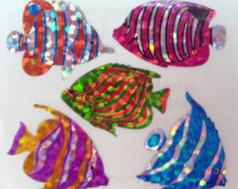 Free Shipping! Rare Hambly Stickers: Fish  Vintage Collection Retired Hard to Find Collector Glitter Colorful Angelfish Aquarium Ocean Beach