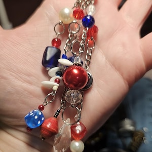 Cute Beaded Bag Charm, Beaded Keychain, Backpack Charm, Red White and Blue with Dice, Purse Charms, One of a Kind Handmade Backpack Tassel