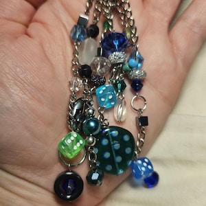 Cute Beaded Bag Charm with Dice, Backpack Charm, Keychain, Blue Turquoise & Green, Purse Charms, One of a Kind Handmade Backpack Tassel